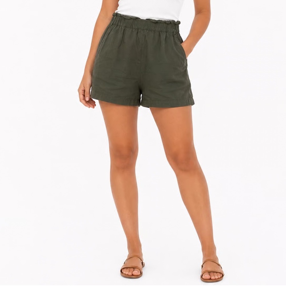 Ecothreads Olive Green Linen Blend Paperbag Waist Shorts Large